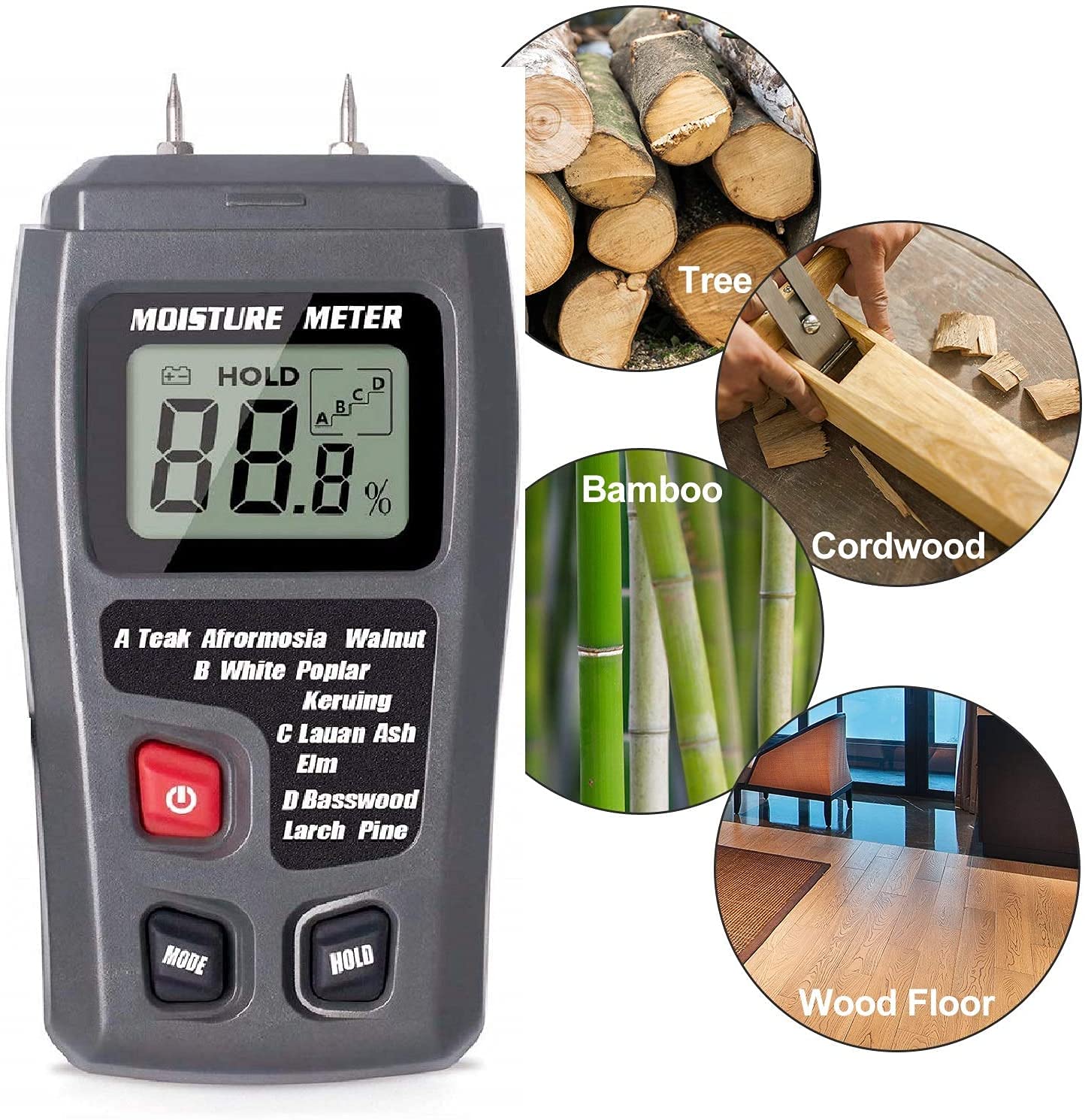 Wood Moisture Meter,MD-2G LCD Digital 2 Pin Wood Moisture Meter Detector Timber Hygrometer Humidity Tester 